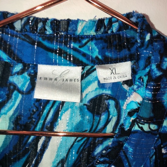 Emma James Top Blue Swirl Print Top Pleated Ruffle Blouse Button Down Blouse - Picture 9 of 10